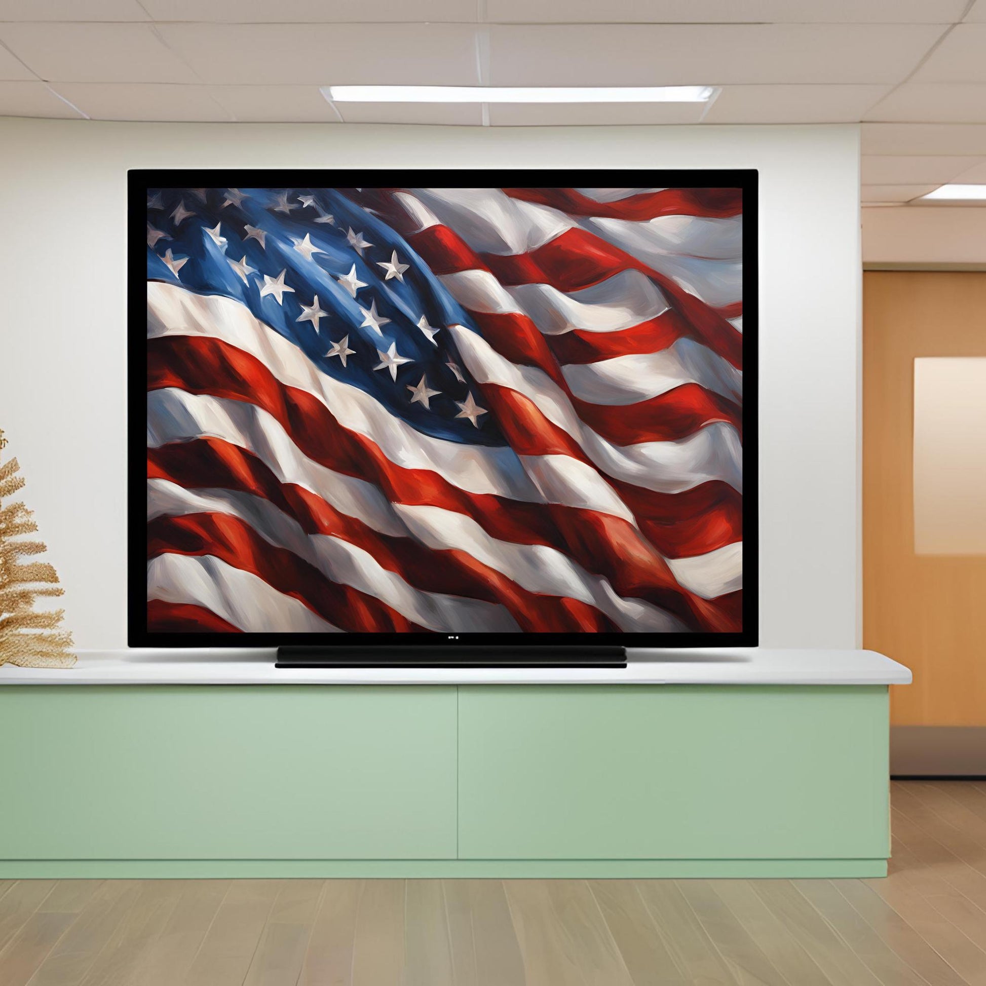 a large american flag on a flat screen tv