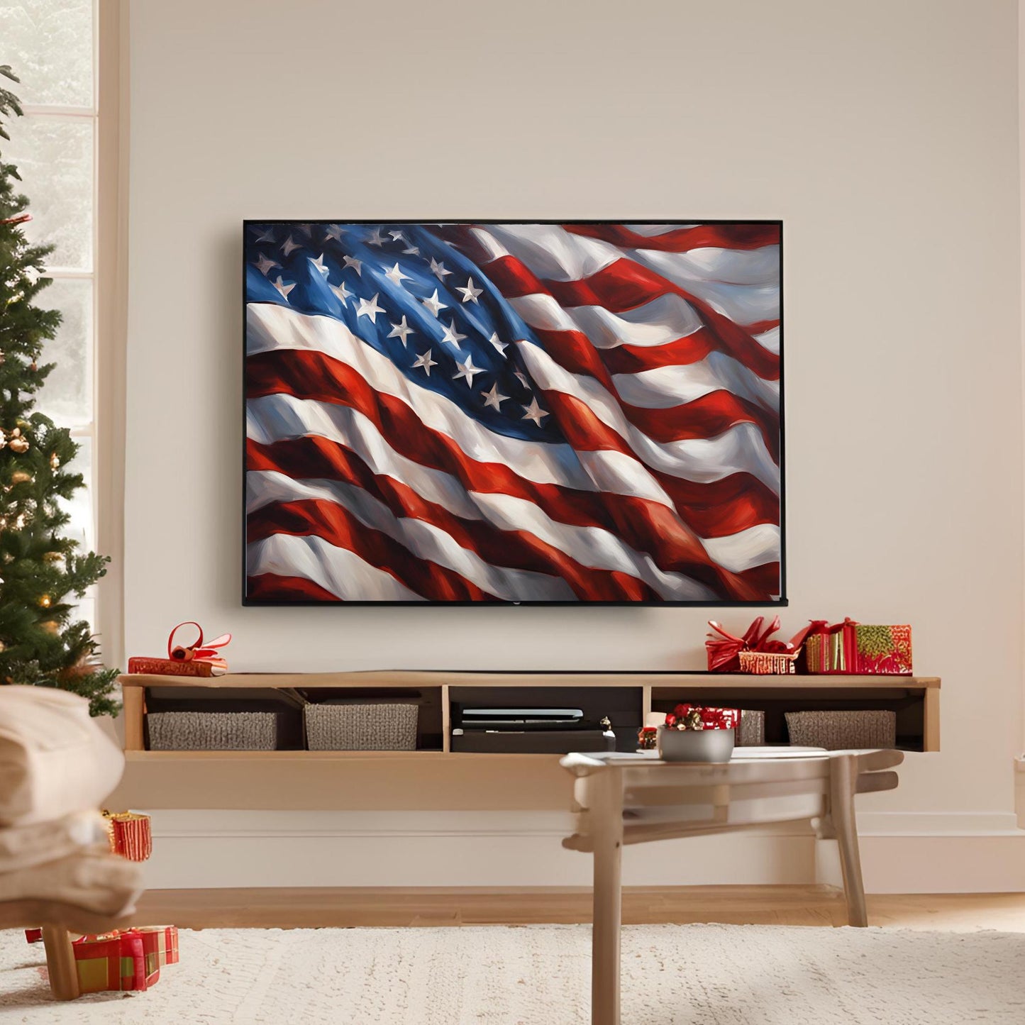 a living room with a christmas tree and a large american flag on the wall