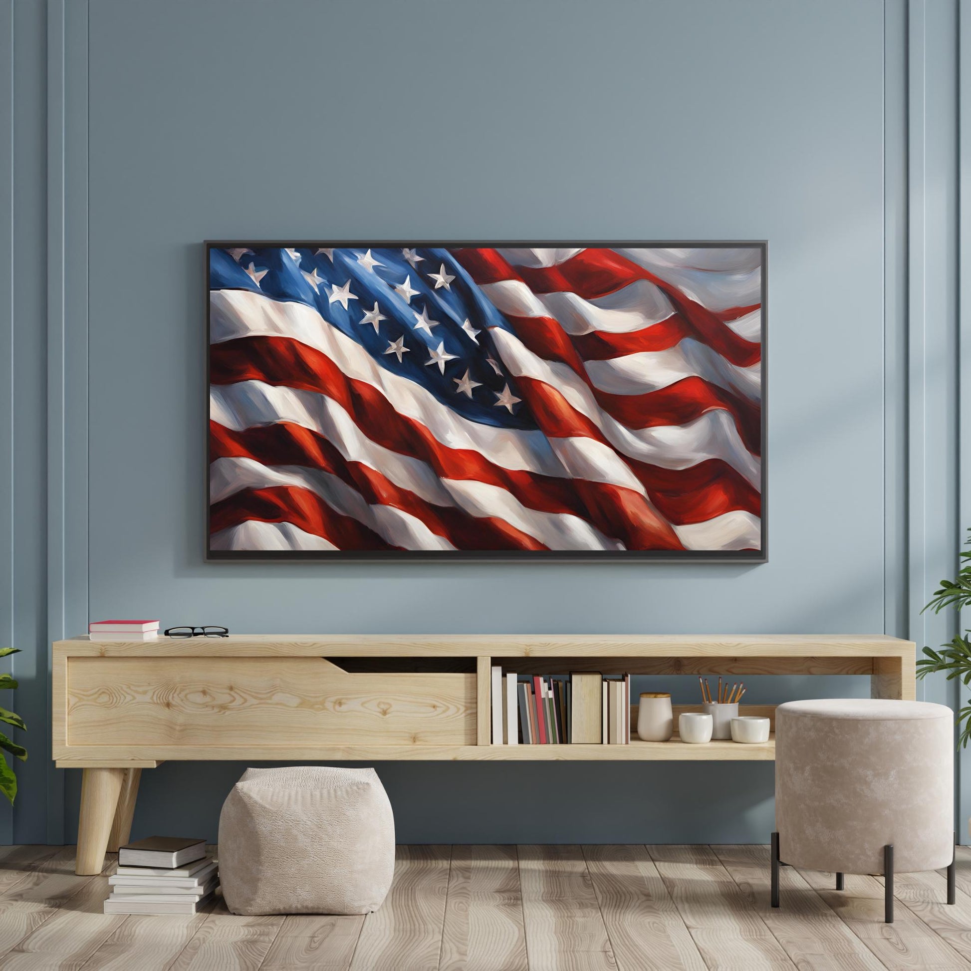 a painting of an american flag hanging on a wall