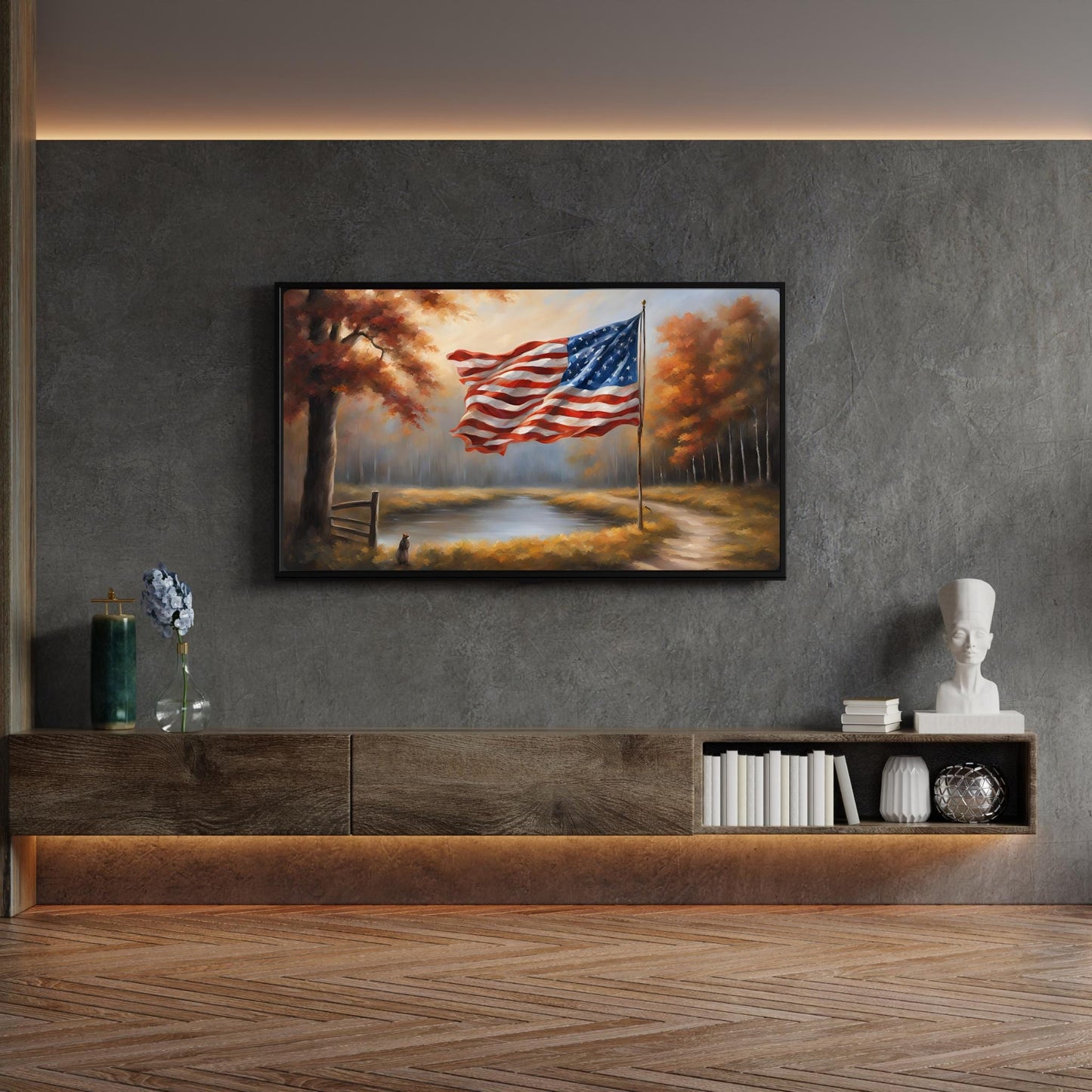 a painting of an american flag hanging on a wall