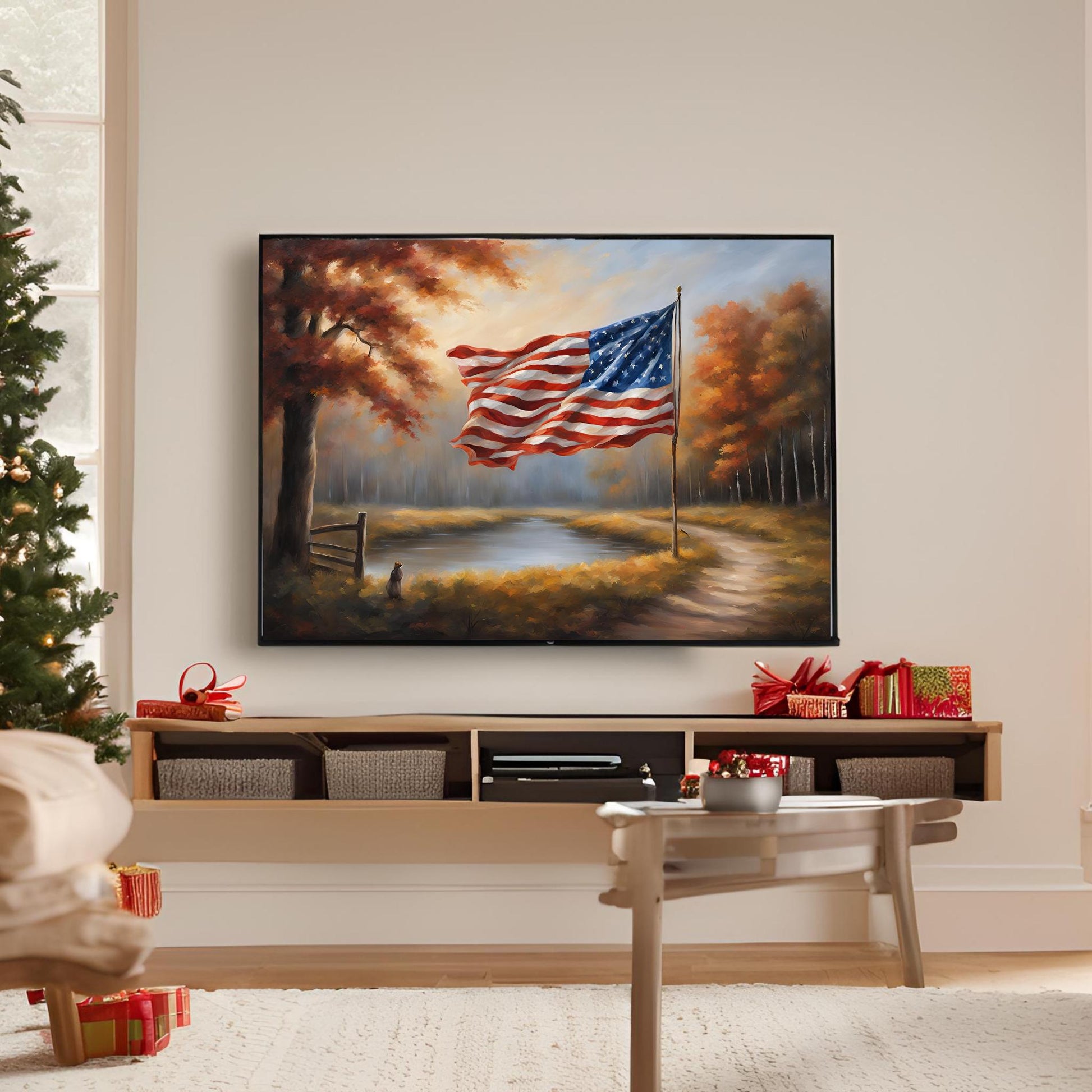 a painting of an american flag hanging on a wall