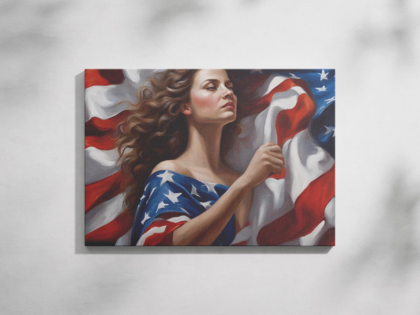 a painting of a woman holding an american flag