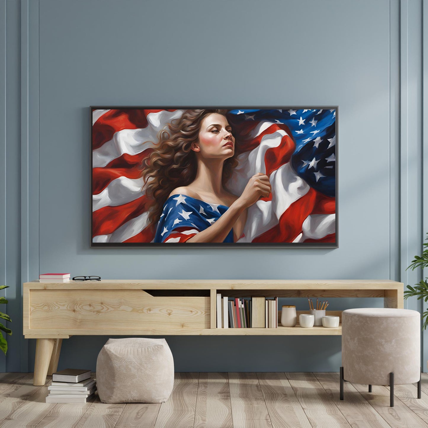 a painting of a woman holding an american flag