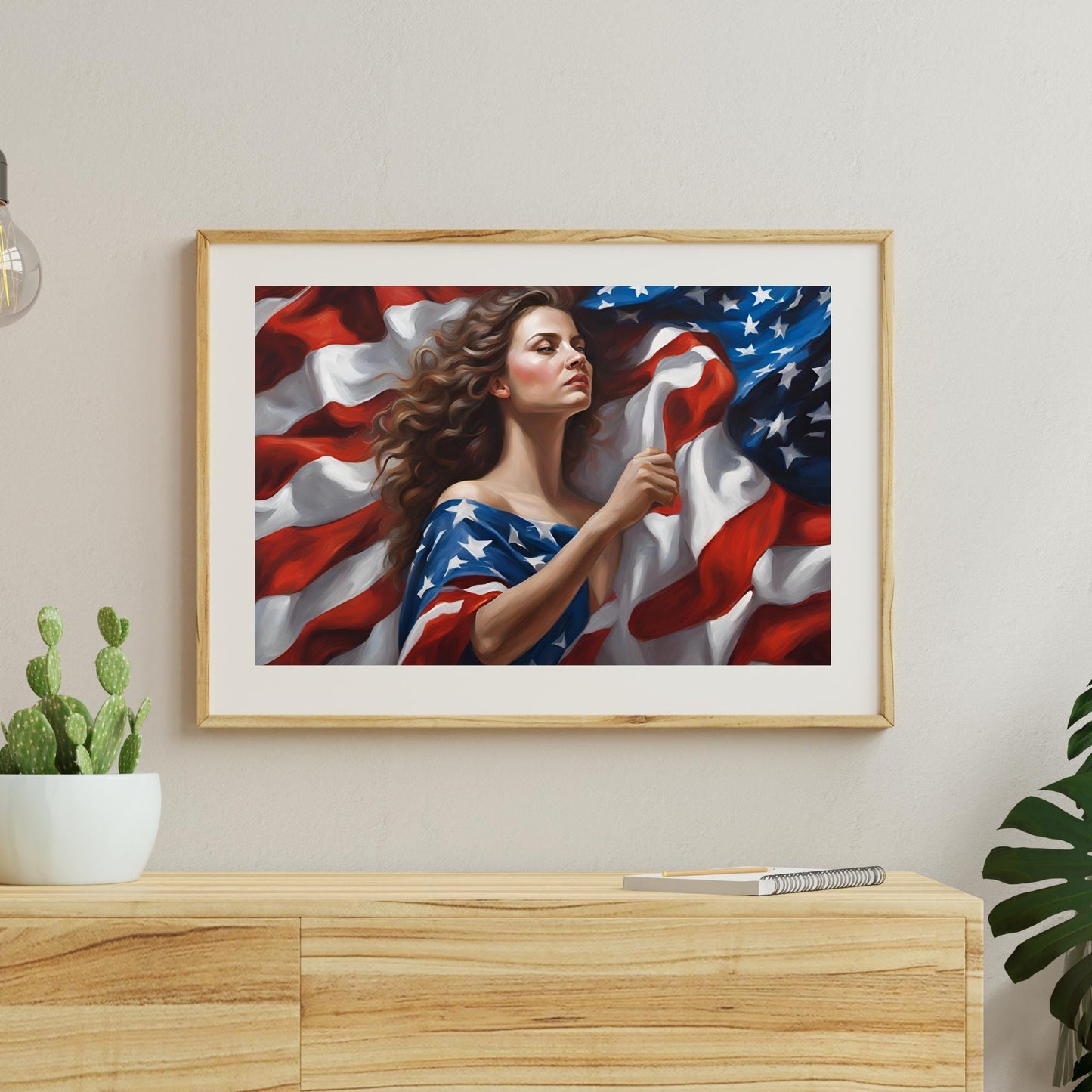 a painting of a woman holding an american flag