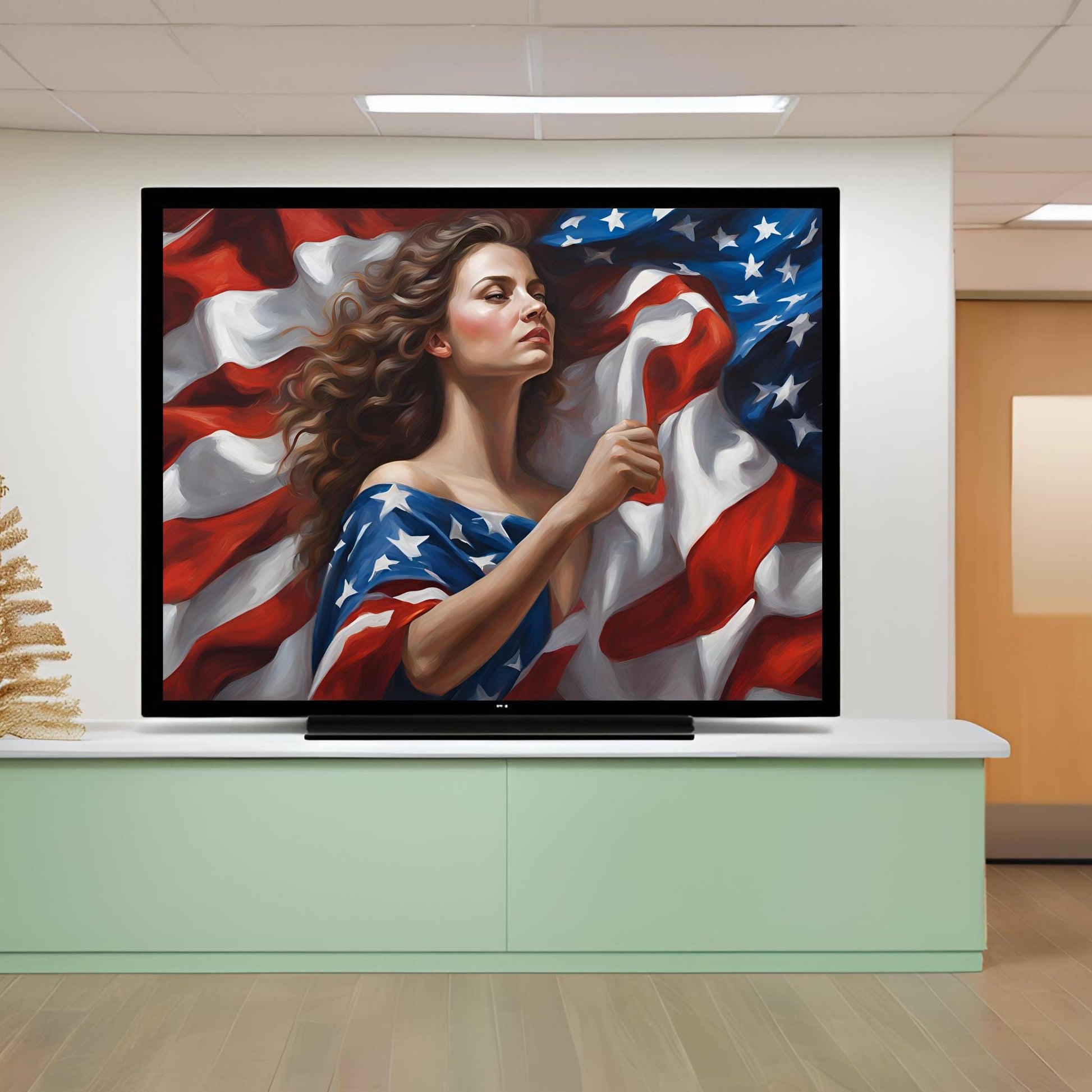 a painting of a woman holding an american flag