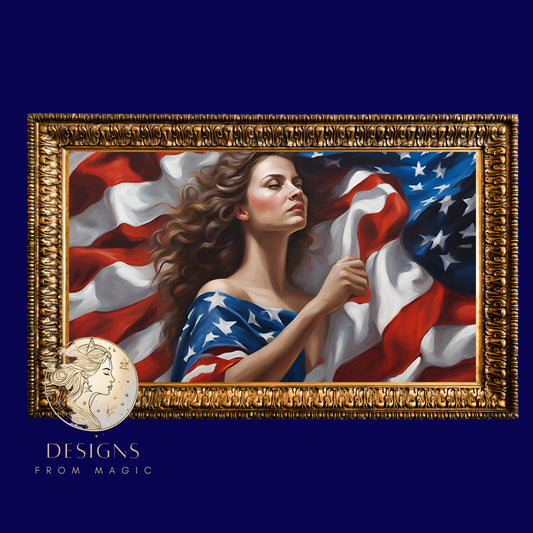 a painting of a woman holding an american flag