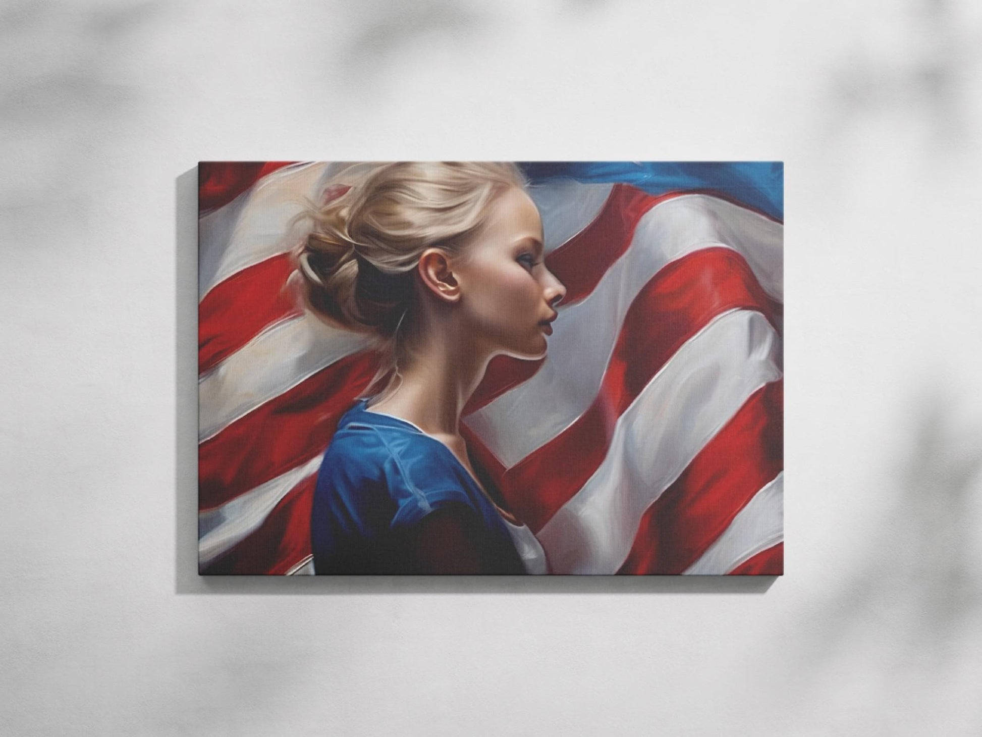 a painting of a woman with an american flag in the background