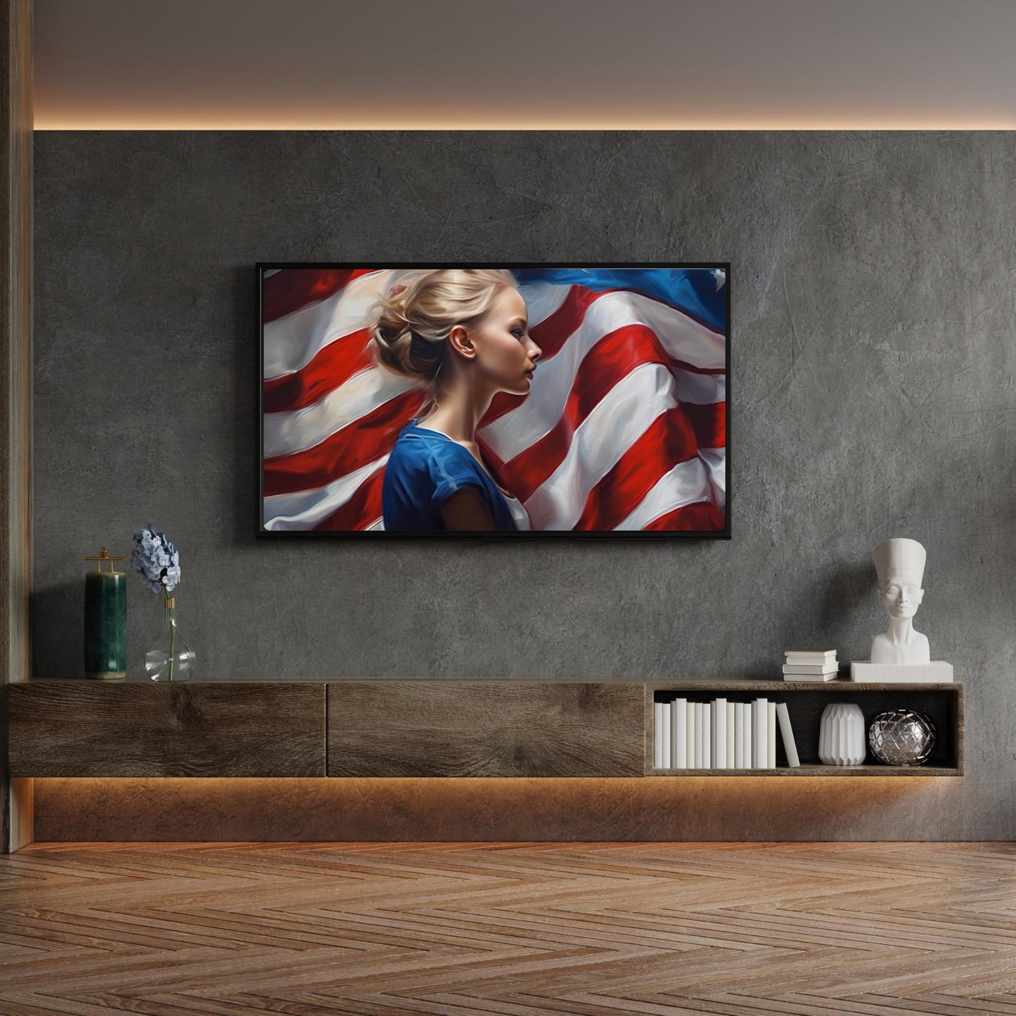 a woman with an american flag painting on the wall