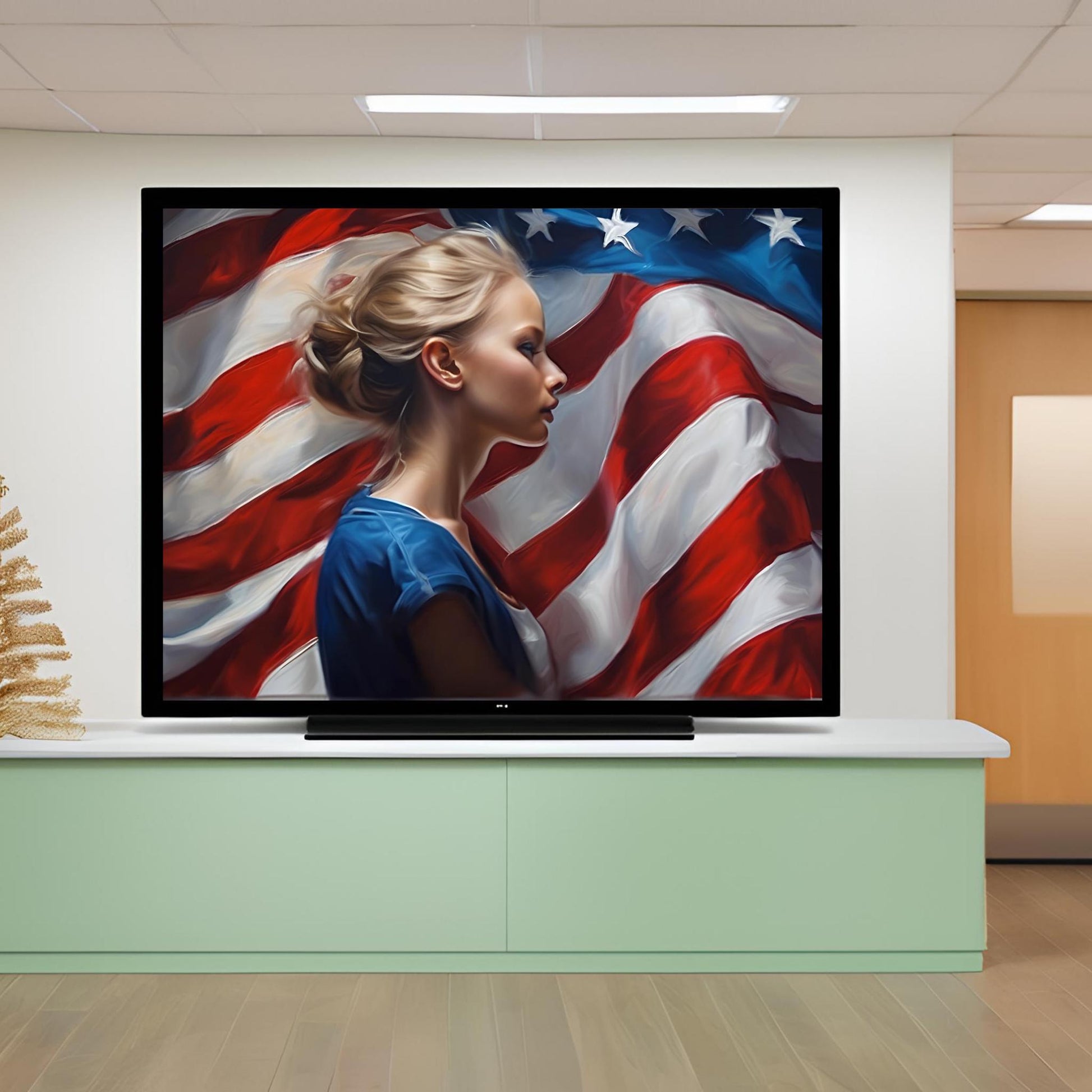 a television screen with a painting of a woman in front of an american flag