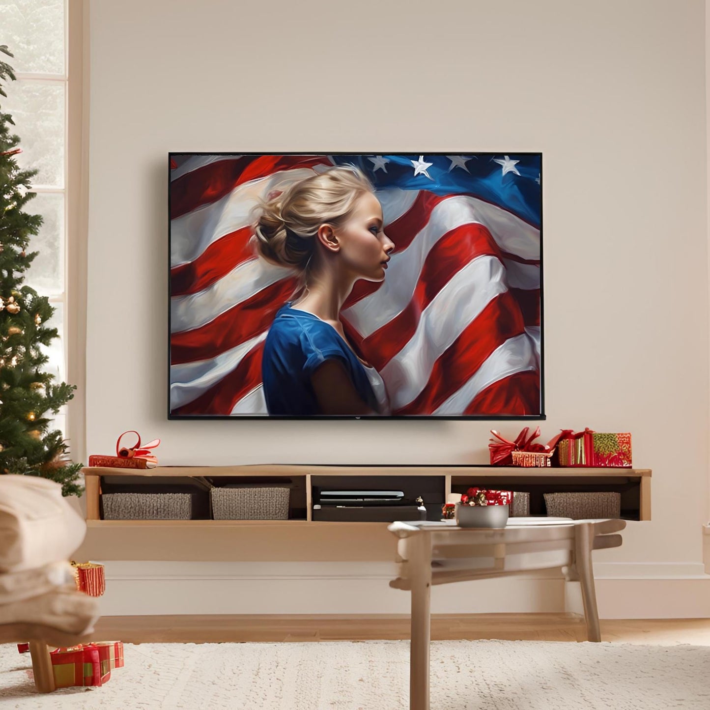 a living room with a christmas tree and a television