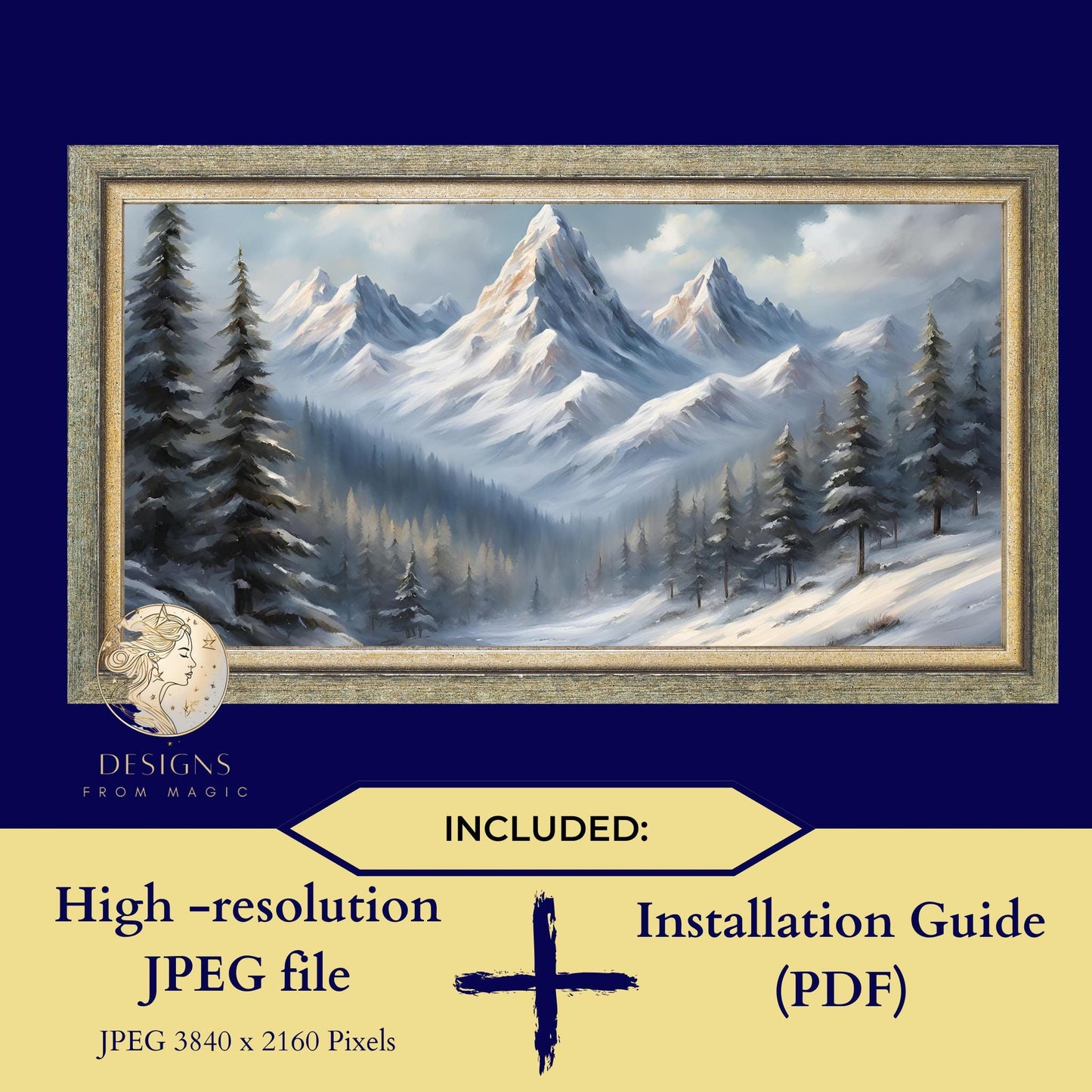 a painting of a snowy mountain with pine trees