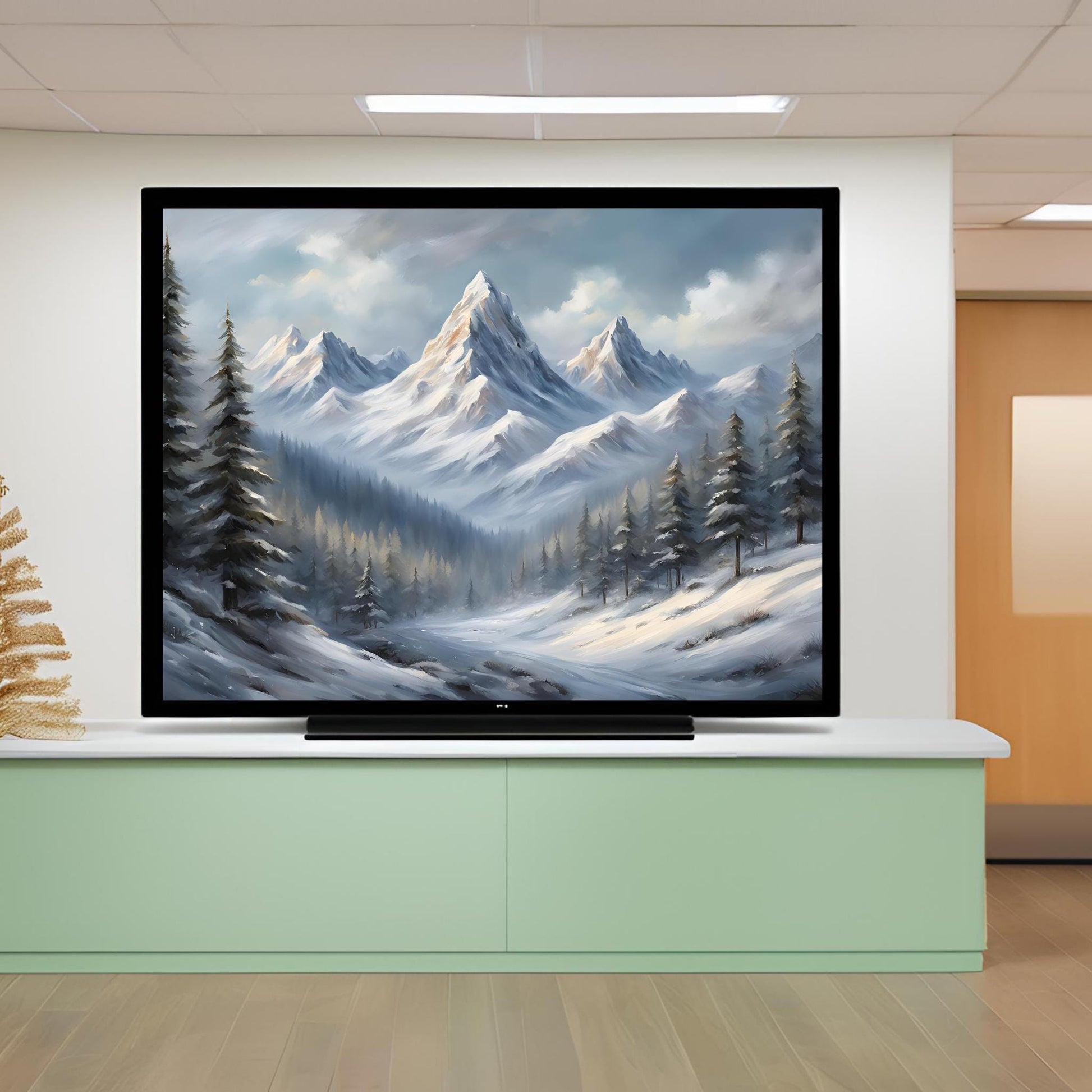 a painting of a snowy mountain scene on a flat screen tv