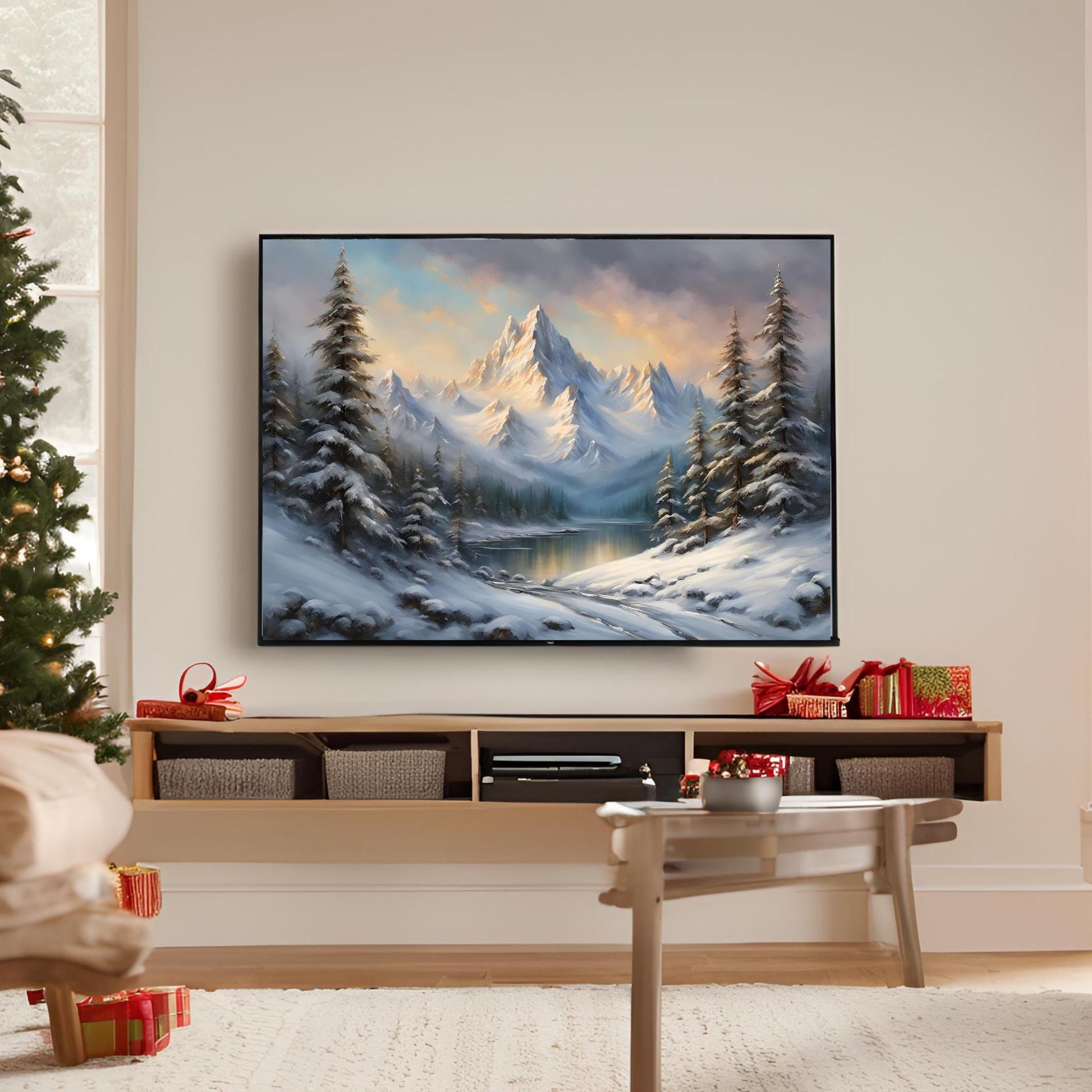 a living room with a christmas tree and a painting on the wall