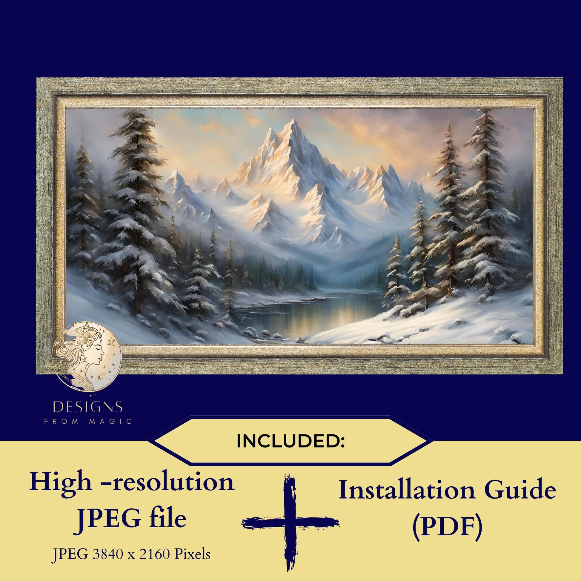 a painting of a snowy mountain scene with the words high resolution installation guide