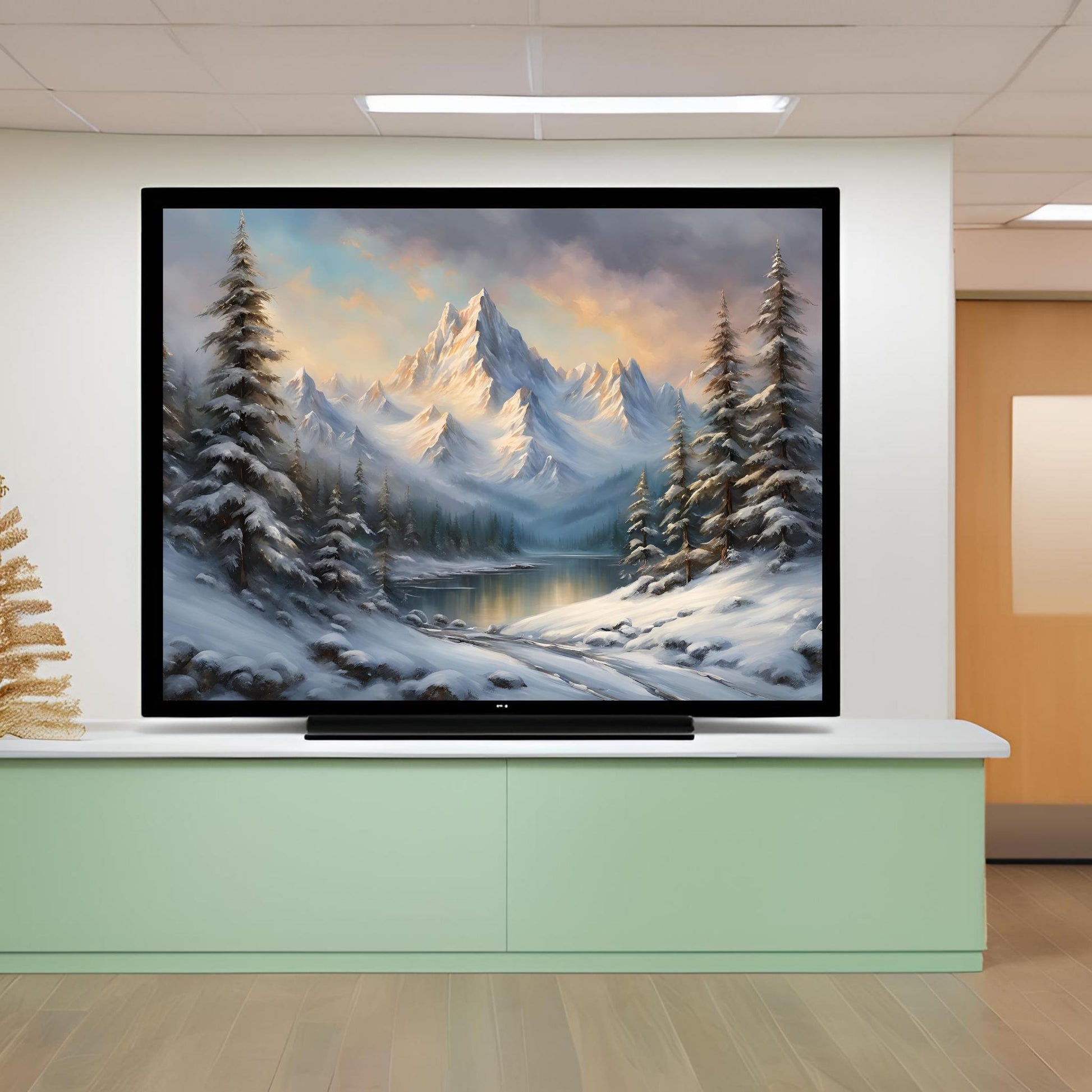 a painting of a snowy mountain scene on a flat screen tv