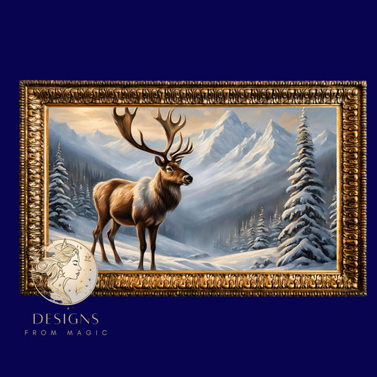 a painting of a deer in a snowy landscape