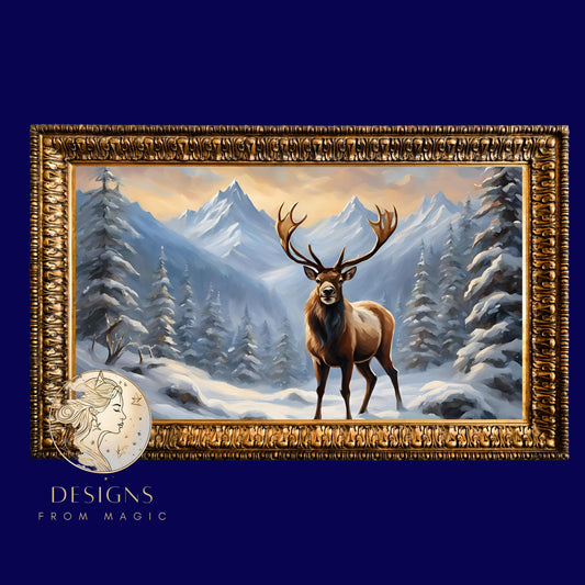 a painting of a deer in a snowy landscape