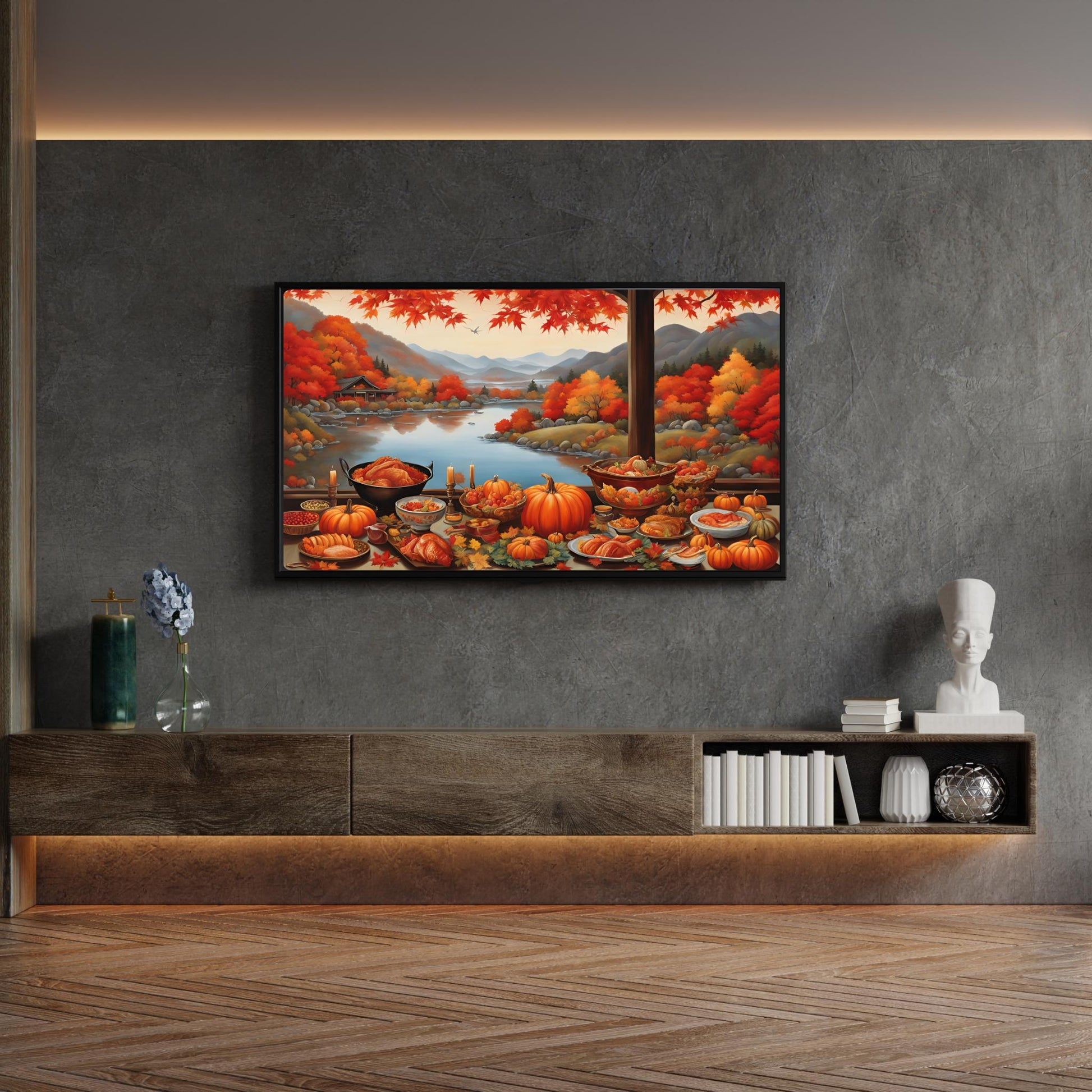 a living room with a large painting on the wall