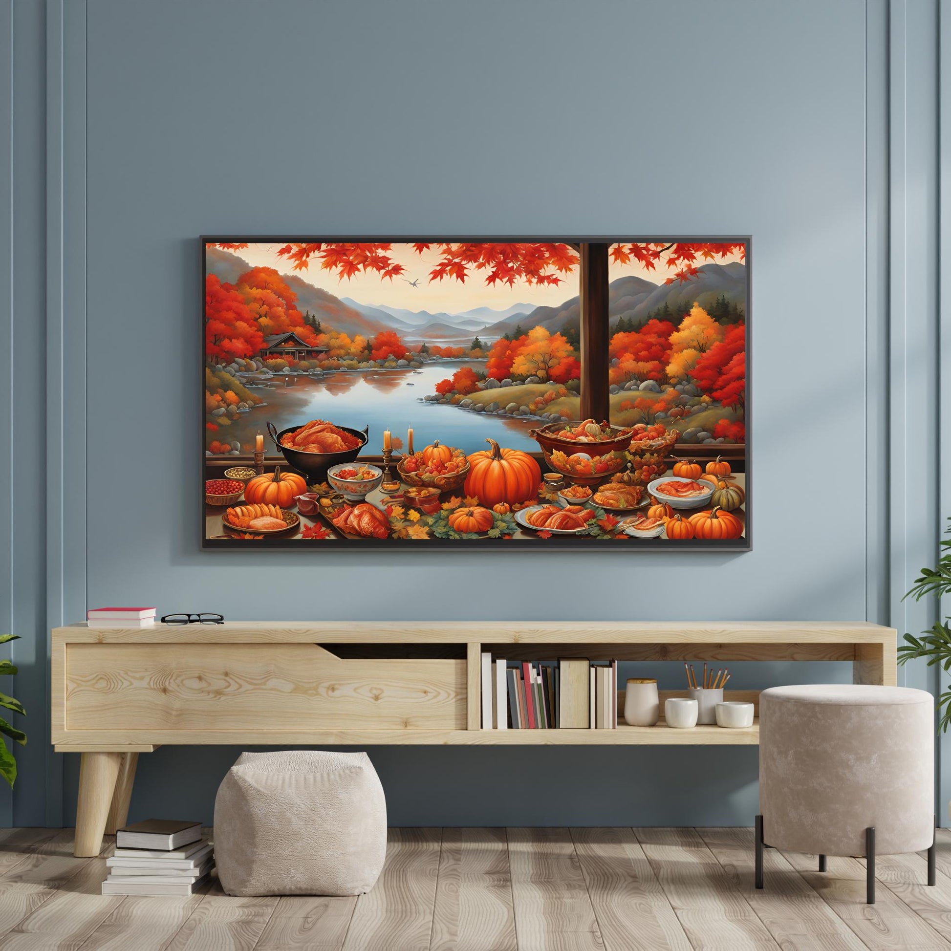 a painting of a fall scene on a wall