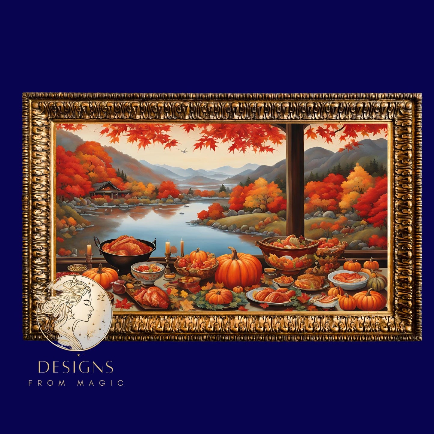 a painting of a fall scene with pumpkins