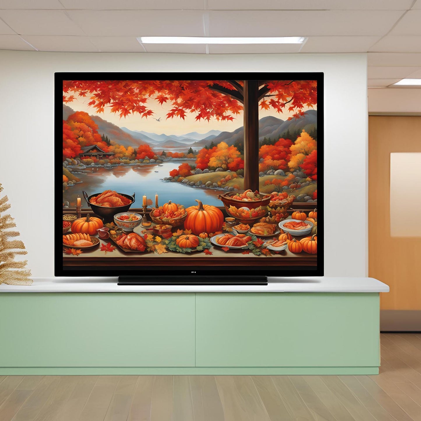 a painting of a fall scene on a flat screen tv