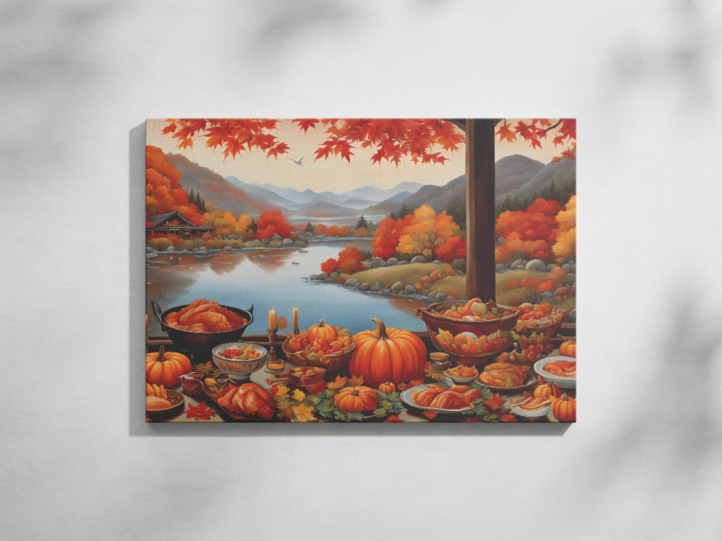 a painting of a fall scene with pumpkins and a lake